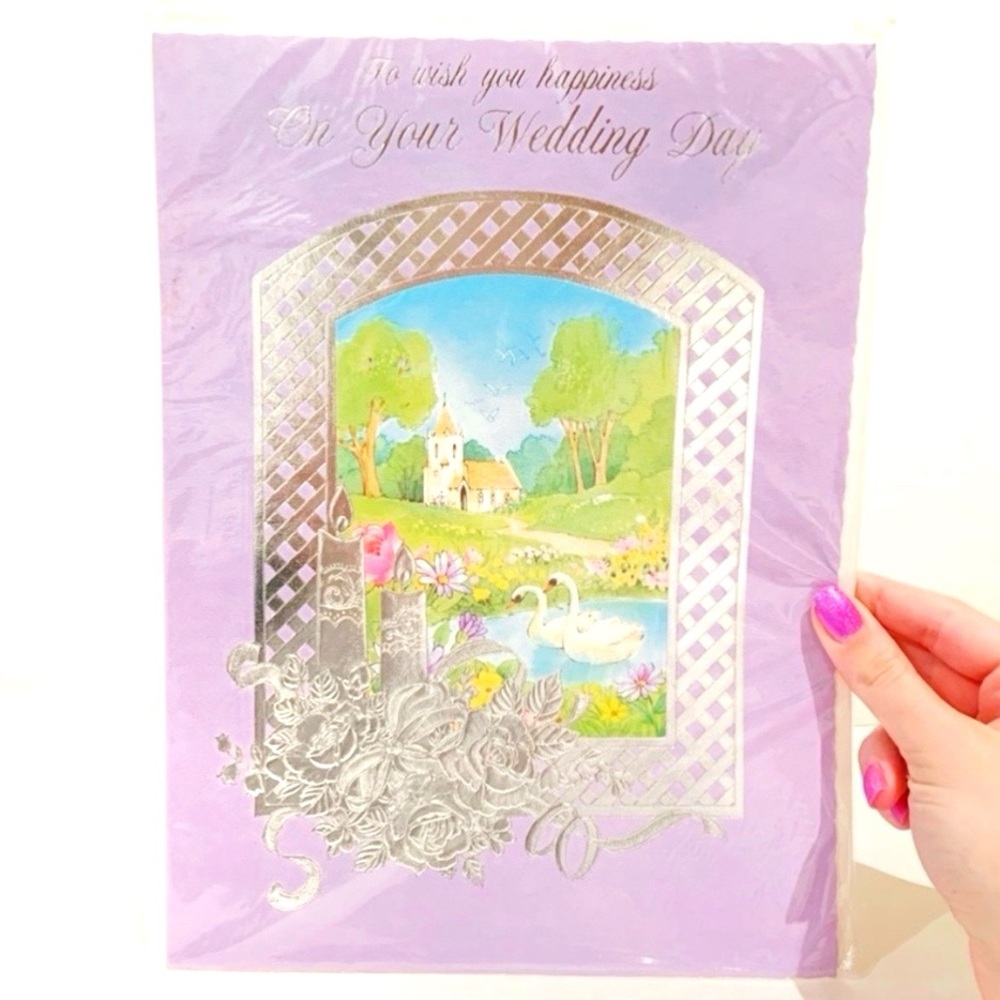 Vintage 1980s Arnold Barton Extra Large Wedding Card Artwork Flowers Swan Love